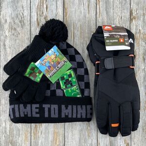 Minecraft Beanie Hat Knit & Ski Gloves 3-Piece Set